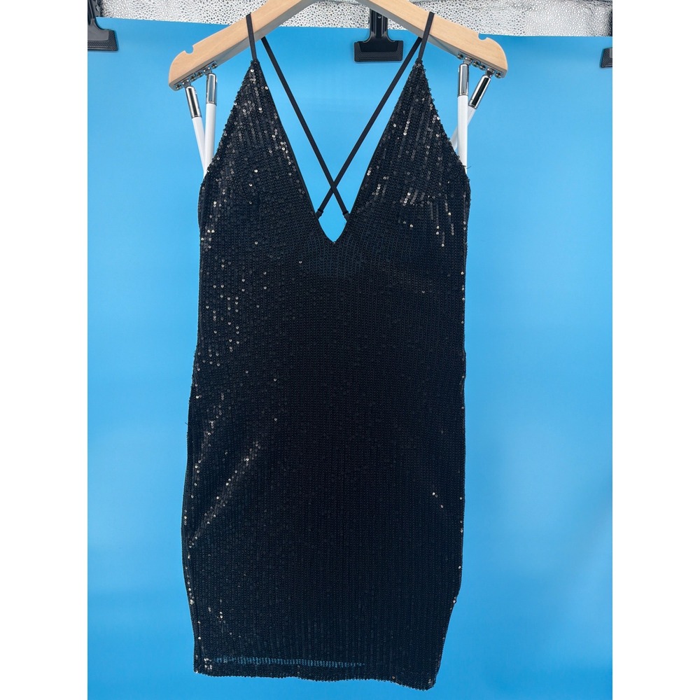 Bozzolo Womens Black Sequin V-Neck Cross Back Mini Bodycon Dress Small HD11756